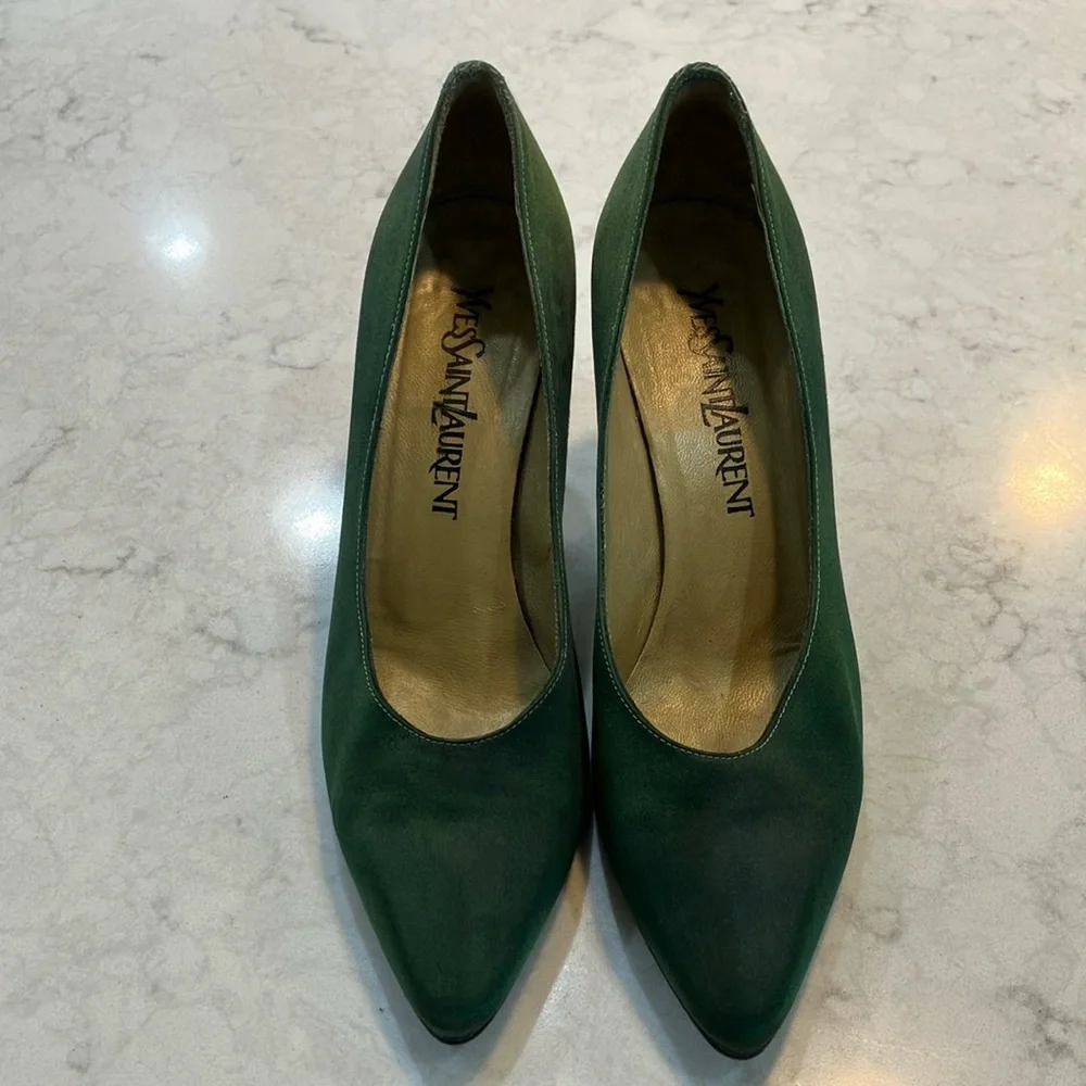 Vintage Yves Saint Laurent Forest/Hunter Green Silk Satin Pumps Sz 6.5‎ N- EUC - Picture 2 of 11
